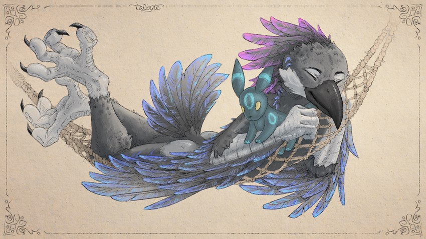 anthro beak butt claws eyes_closed feather_hair feathered_wings feathers feet hammock male markings plushie pseudo_hair simple_background sleeping smile solo tail tail_feathers talons toes wings tailbyte raven_darkfur avian bird corvid corvus_(genus) oscine passerine raven 16:9 digital_media_(artwork) hi_res shaded signature widescreen