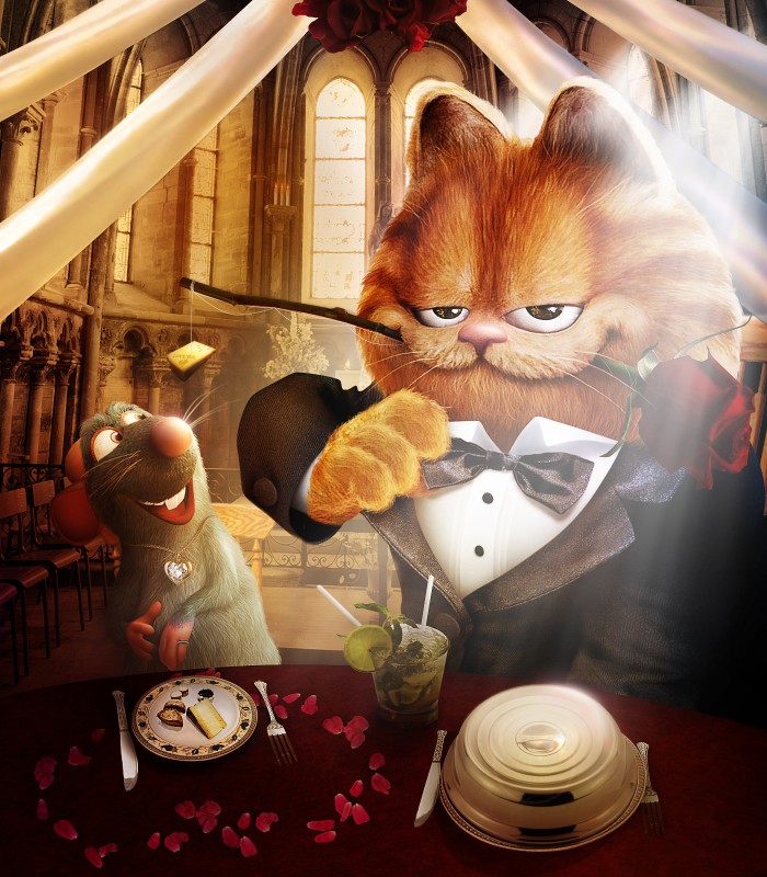 alcohol anthro beverage black_tie_(suit) cheese cheese_wedge clothed clothing cocktail dairy_products detailed_background duo flower flower_in_mouth food inside jewelry male mojito_(drink) necklace petals plant romantic romantic_ambiance rose_(flower) rose_petals size_difference suit text belez disney garfield_(series) pixar ratatouille garfield_the_cat remy_(ratatouille) domestic_cat felid feline felis mammal murid murine rat rodent 2010 crossover english_text hi_res warm_colors