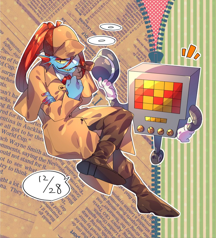 blue_body blue_skin boots brown_clothing brown_jacket brown_topwear clothing coat detective detective_hat duo female fin footwear gloves hair handwear hat headgear headwear jacket machine male red_hair shirt shoes tire top_hat topwear white_clothing white_shirt white_topwear yellow_sclera pugthe2ro undertale undertale_(series) mettaton undyne animal_humanoid fish fish_humanoid humanoid marine marine_humanoid robot hi_res