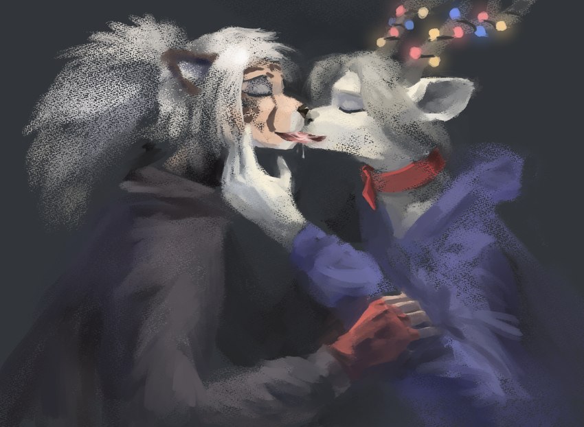 5_fingers anthro anthro_on_anthro antlers bodily_fluids clothed clothing collar duo eyes_closed fingers french_kissing fur gloves grey_hair hair handwear horn kissing lights male male/male markings open_mouth ponytail saliva saliva_on_tongue saliva_string simple_background spots spotted_body spotted_fur tongue topwear white_body white_fur yellow_body yellow_fur hilyasp gooddeer wy_(yebjiwara) cheetah deer felid feline king_cheetah mammal new_world_deer reindeer digital_media_(artwork)