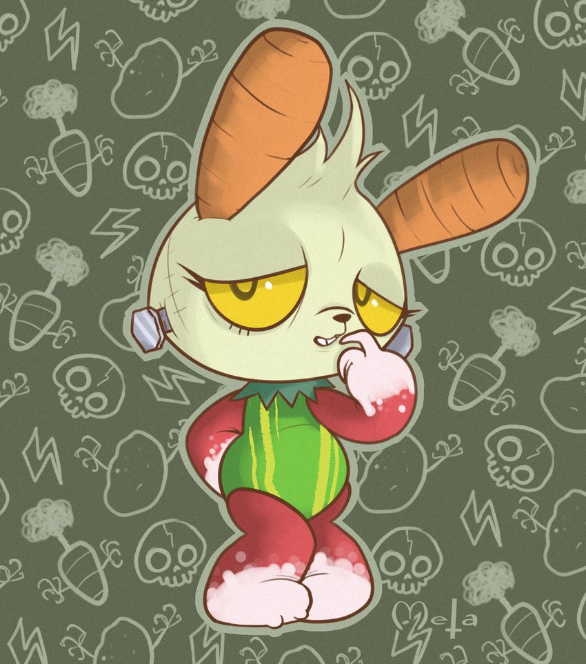 anthro black_eyes bone carrot female finger_to_mouth food green_body hair half-closed_eyes hand_behind_back looking_at_viewer multicolored_body narrowed_eyes orange_ears plant pose red_body screw skull skull_symbol smile solo standing tan_body tan_hair teeth vegetable white_body yellow_sclera metapuns bunnicula_(series) bunnicula's_bride elemental_creature flora_fauna food_creature human lagomorph living_vegetable mammal 2019 digital_media_(artwork) hi_res