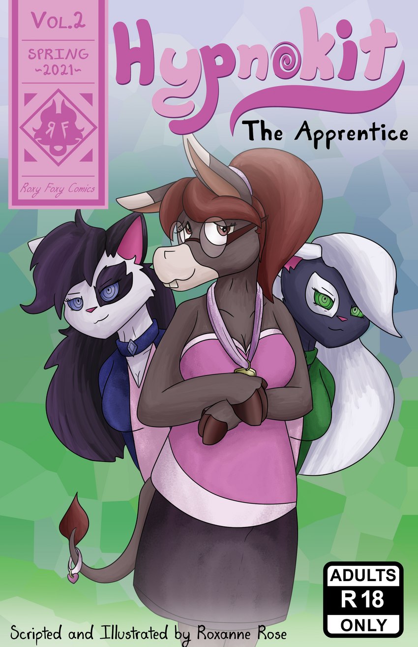 anthro clothed clothing eyewear female game_cover glasses group hypnosis magic magic_user mind_control text witch roxythefoxy yanglana yinglin asinus domestic_cat donkey equid equine felid feline felis mammal absurd_res comic cover cover_art cover_page english_text hi_res