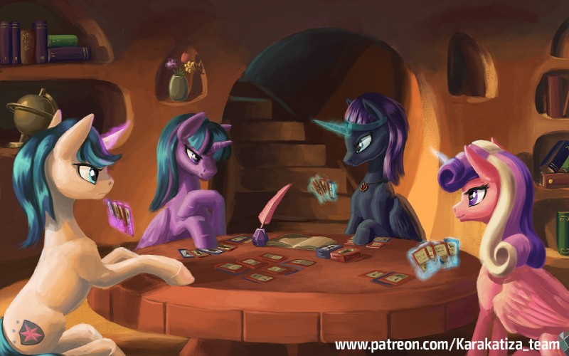 aged_up board_game female feral furniture group horn inside library male table text wings kirillk friendship_is_magic hasbro my_little_pony mythology past_sins_(fanfic) fan_character nyx_(mlp) princess_cadance_(mlp) shining_armor_(mlp) twilight_sparkle_(mlp) equid equine horse mammal mythological_creature mythological_equine pony unicorn winged_unicorn 16:10 url widescreen