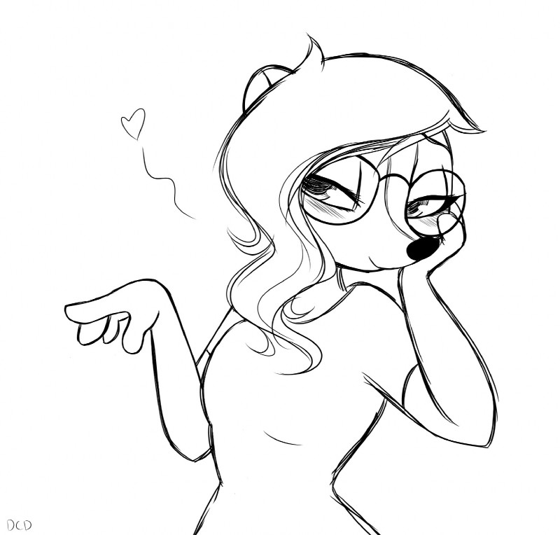 anthro blush clothed clothing eyewear female glasses half-closed_eyes hand_on_cheek heart_symbol looking_at_viewer narrowed_eyes simple_background smile solo white_background skelly_doll disney zootopia diana_rayablanca fan_character mammal mephitid skunk 2017 black_and_white hi_res monochrome signature