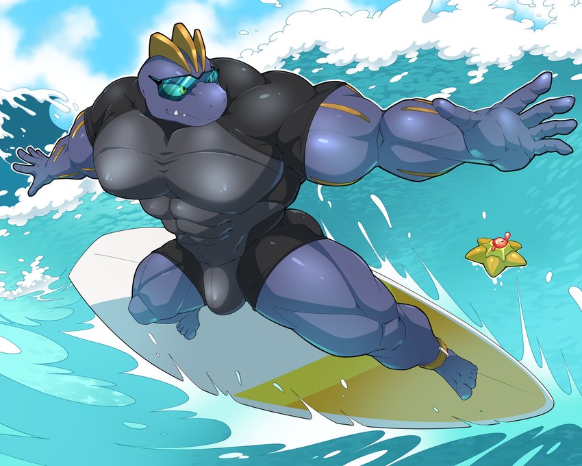 abs big_pecs bulge clothed clothing eyewear glasses male muscular muscular_humanoid muscular_male pecs solo surfboard surfing water wave wetsuit maldu nintendo pokemon ryuji_kaiyo generation_1_pokemon humanoid machoke pokemon_(species) staryu 5:4 absurd_res hi_res