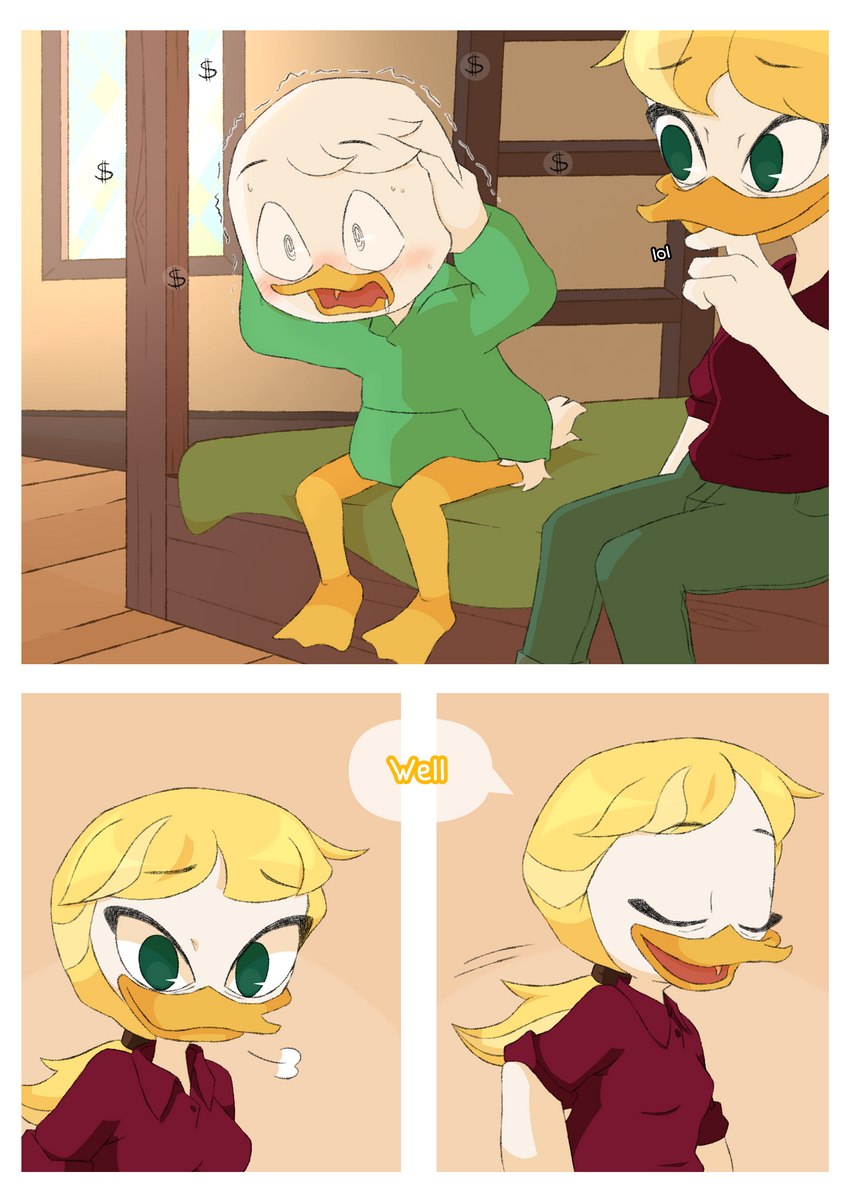 bed bedroom dialogue furniture text threek disney ducktales ducktales_(2017) goldie_o'gilt louie_duck anatid anseriform avian bird duck absurd_res comic english_text hi_res