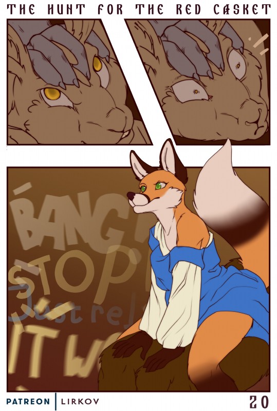 anthro bodily_fluids dialogue duo female fur male text lirkov bear canid canine canis fox hare lagomorph leporid mammal red_fox true_fox wolf 2019 absurd_res comic digital_media_(artwork) english_text hi_res