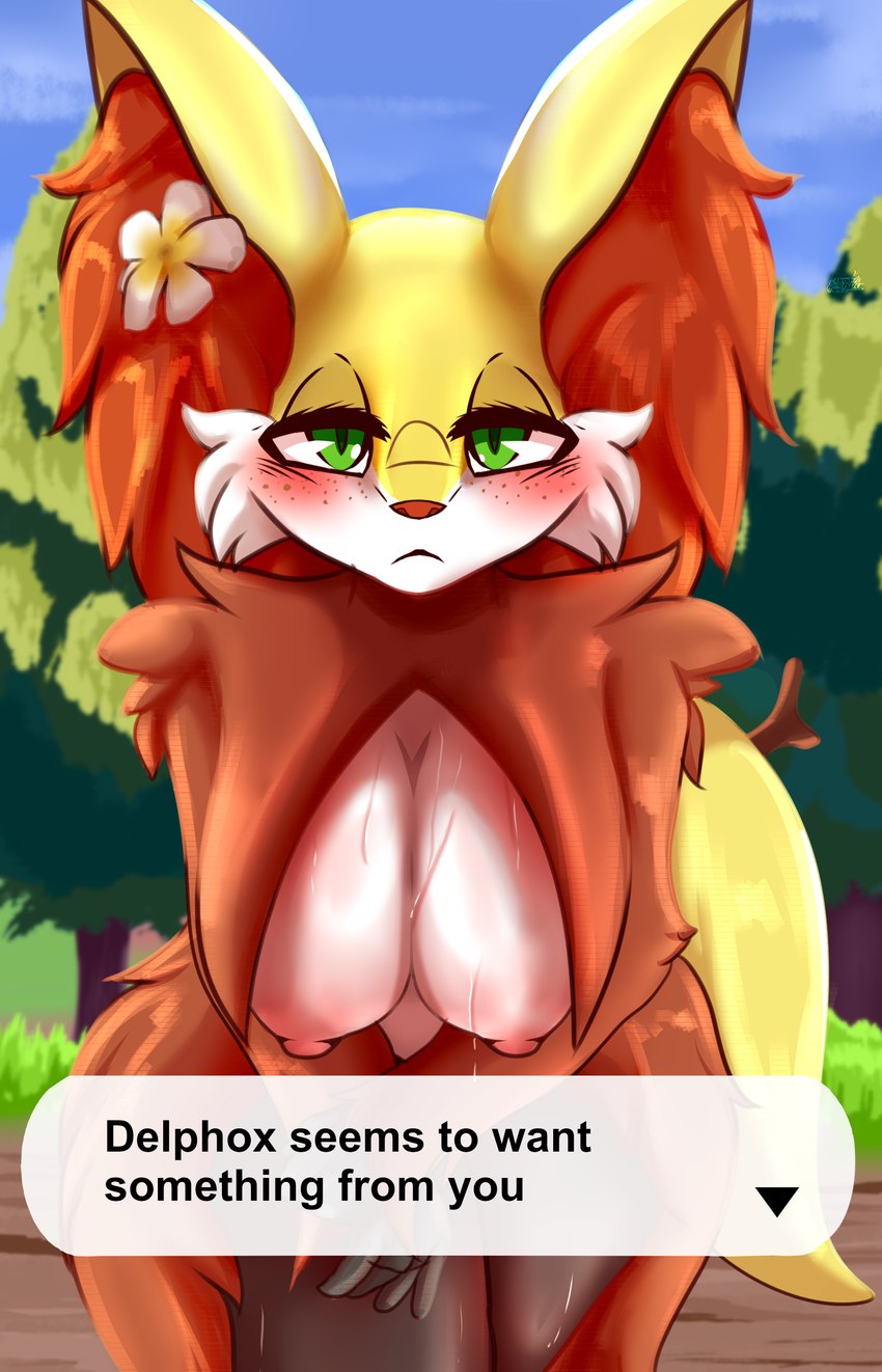 anthro areola big_breasts blush bodily_fluids bowing breasts dialogue female freckles fur green_eyes hair hanging_breasts inner_ear_fluff leaning leaning_forward looking_at_viewer markings nipples pink_areola pink_nipples plant presenting presenting_breasts simple_background solo speech_bubble tail text thick_thighs tree tuft unimpressed white_body wide_hips wood yellow_body dennhaze nintendo pokemon delphox generation_6_pokemon mammal pokemon_(species) 9:14 absurd_res digital_media_(artwork) english_text hi_res