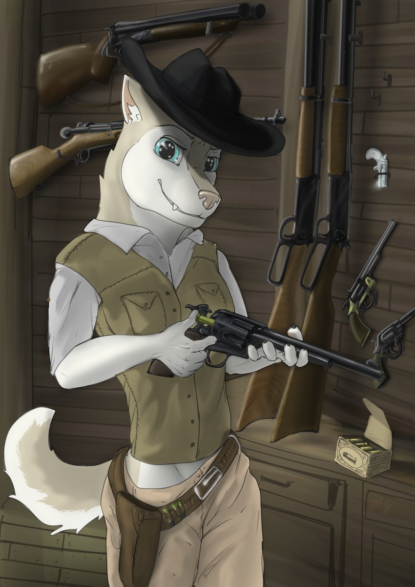 anthro blue_eyes clothed clothing female gun handgun hat headgear headwear holding_object holding_weapon lever_action loading_gun looking_at_viewer ranged_weapon revolver rifle shotgun smile smiling_at_viewer solo weapon wolfyalex96 alaskan_malamute canid canine canis domestic_dog husky mammal nordic_sled_dog spitz digital_media_(artwork) hi_res medibang_paint_(artwork)