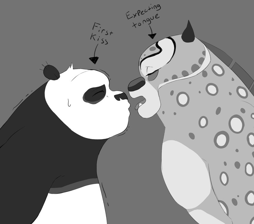 anthro bodily_fluids duo fur imminent_kiss male male/male markings multicolored_body multicolored_fur shaking shy spots spotted_body spotted_fur sweat text trembling hypnokoo dreamworks kung_fu_panda master_po_ping tai_lung_(kung_fu_panda) bear felid giant_panda mammal pantherine snow_leopard english_text hi_res monochrome