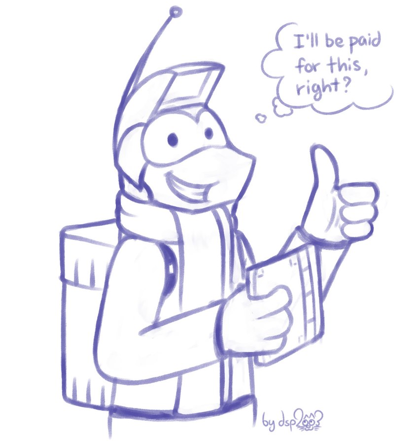 anthro drawing_tablet environmental_suit gesture hand_gesture holding_object looking_at_viewer male scarf simple_background smile solo text thought_bubble thumbs_up dsp2003 freefall_(webcomic) sam_starfall alien 2021 english_text half-length_portrait hi_res monochrome portrait