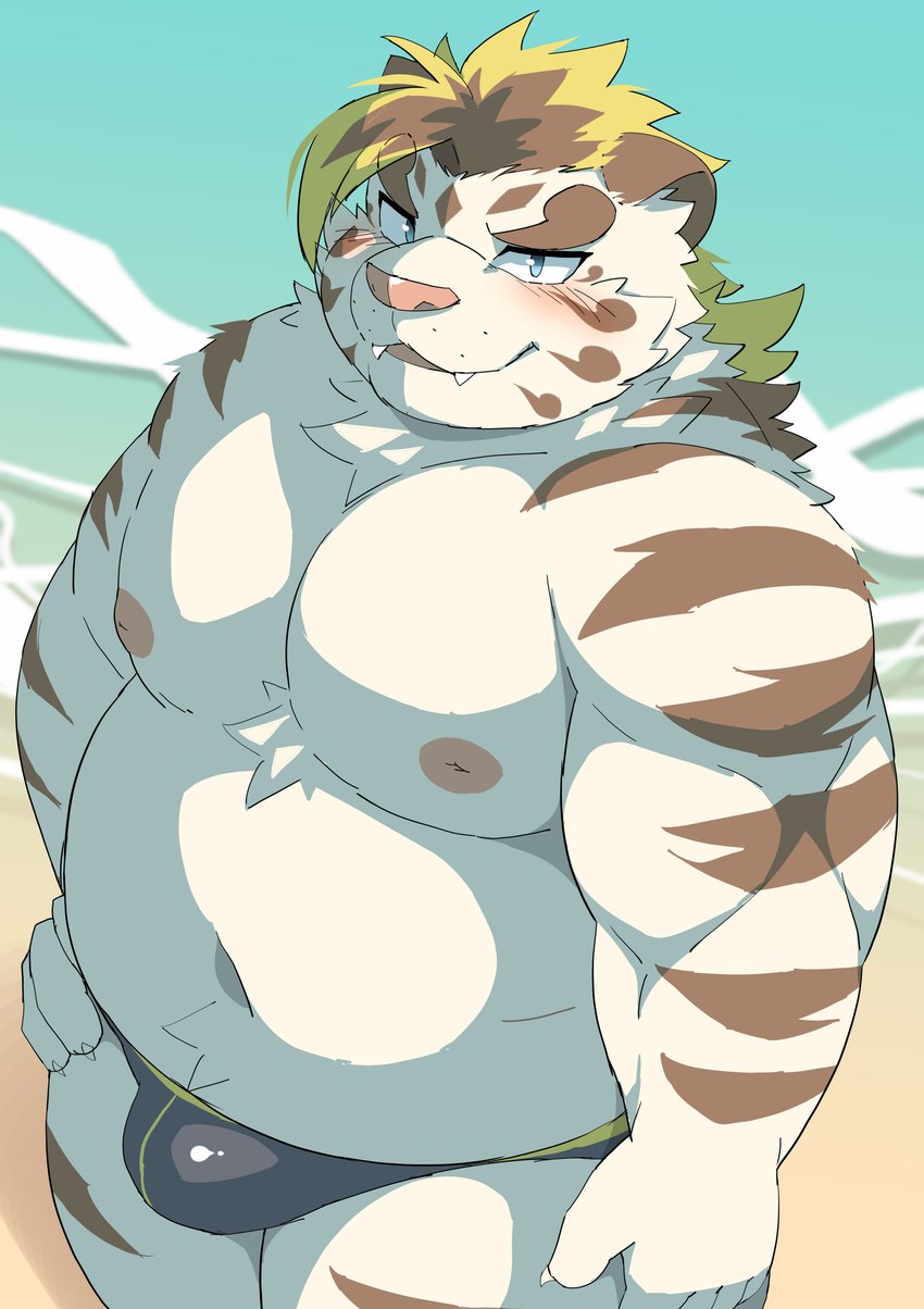 anthro beach belly big_belly blush bulge clothing cute_fangs fangs fur humanoid_hands kemono male moobs nipples outside overweight overweight_anthro overweight_male seaside solo standing swimwear teeth water white_body white_fur ptcmtr lifewonders tokyo_afterschool_summoners licho_(tas) felid mammal pantherine tiger 2021 absurd_res hi_res portrait three-quarter_portrait