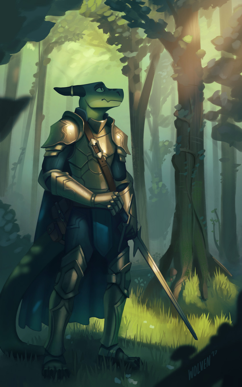 anthro armor biped clothed clothing forest grass green_body holding_melee_weapon holding_object holding_sword holding_weapon horn male melee_weapon outside plant pupils side_view slit_pupils solo standing sword tail text tree weapon itswolven mythology vynn_(itswolven) dragon mythological_creature mythological_scalie scalie 2017 absurd_res english_text hi_res signature