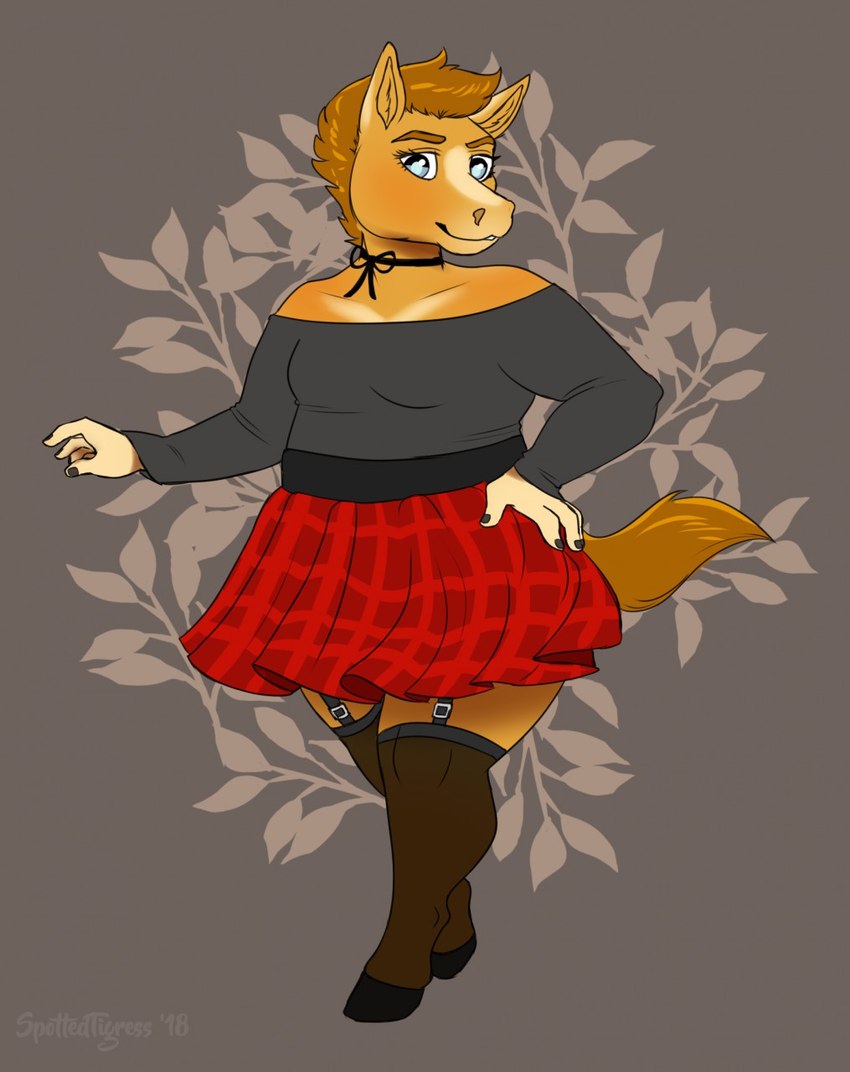 anthro blue_eyes bottomwear brown_hair clothed clothing eyelashes female floral_background fur glistening glistening_eyes grey_clothing grey_topwear hair mouth_closed orange_body orange_fur red_bottomwear red_clothing red_skirt skirt solo standing topwear tiggybloom pone_(uncouthpone) equid equine horse mammal 2018 hi_res