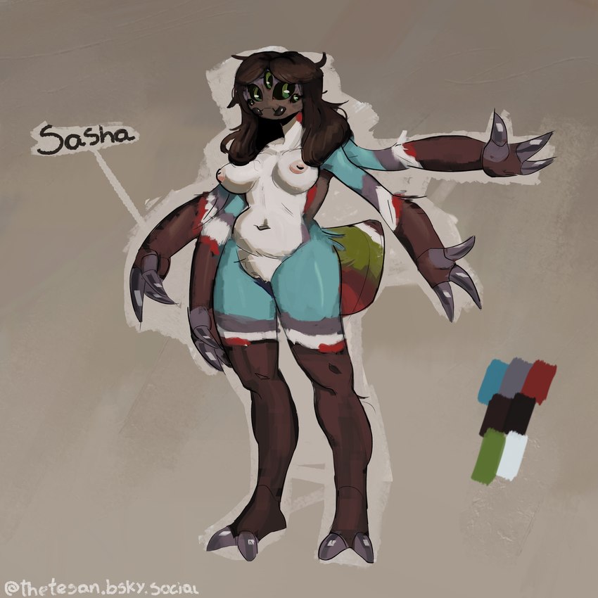 4_arms 5_eyes anthro biped black_eyes breasts brown_hair claws fangs female fur genitals grey_claws hair marks_on_body medium_breasts medium_hair multi_arm multi_eye multi_limb multicolored_body nipples non-mammal_breasts non-mammal_nipples non-mammal_pussy nude pussy seven_tone_body solo standing teeth thetesan sasha_(thetesan) arachnid arthropod spider 1:1 2025 absurd_res digital_drawing_(artwork) digital_media_(artwork) hi_res model_sheet