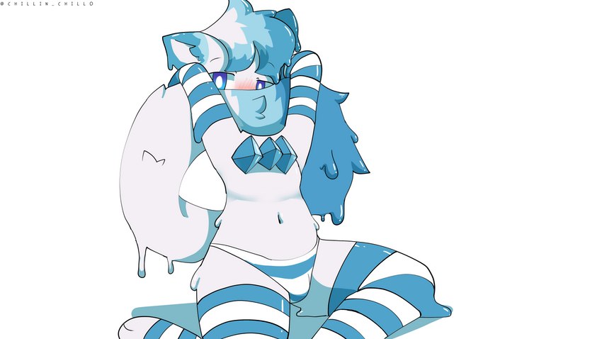 anthro arm_warmers armwear blue_armwear blue_body blue_clothing blue_eyes blue_fur blue_hair blue_panties blue_tail blue_tail_tip blue_underwear blush bottomwear bulge chest_crystal clothing dipstick_tail femboy fur goo_drip goo_puddle hair hands_behind_head legwear looking_at_viewer male markings panties pattern_bottomwear pattern_clothing pattern_legwear pattern_panties pattern_thigh_highs pattern_underwear sitting slime solo striped_bottomwear striped_clothing striped_legwear striped_panties striped_thigh_highs striped_underwear stripes tail tail_covering_face tail_markings thigh_highs underwear white_armwear white_body white_clothing white_fur white_hair white_panties white_tail white_underwear chillin_chillo naidru arctic_fox canid canine fox goo_creature mammal true_fox 16:9 absurd_res hi_res widescreen