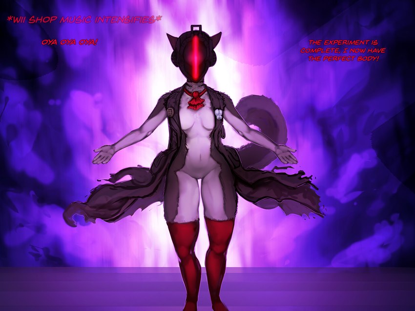 alternate_species anthro armor breasts clothing dialogue female fusion genitals headgear helmet implied_transformation jacket legwear navel pussy red_clothing red_legwear red_stockings solo stockings text topwear general-irrelevant made_in_abyss bondrewd curtain_doggo_(photonoko) canid canine canis domestic_dog mammal 4:3 digital_media_(artwork) english_text