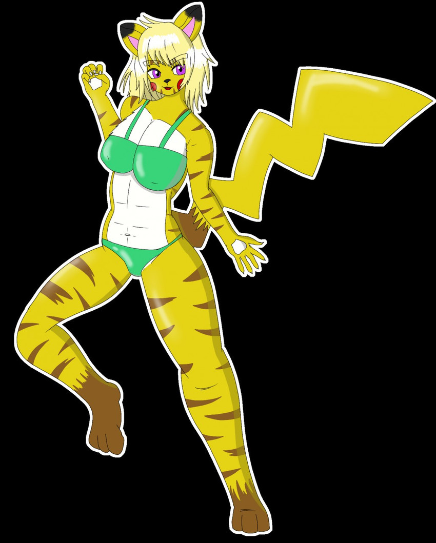 abs alternate_species bikini clothing female humanoidized pokemorph solo striped_body stripes swimwear two-piece_swimsuit ragnarakk nintendo pokemon generation_1_pokemon humanoid hybrid pikachu pokemon_(species) hi_res