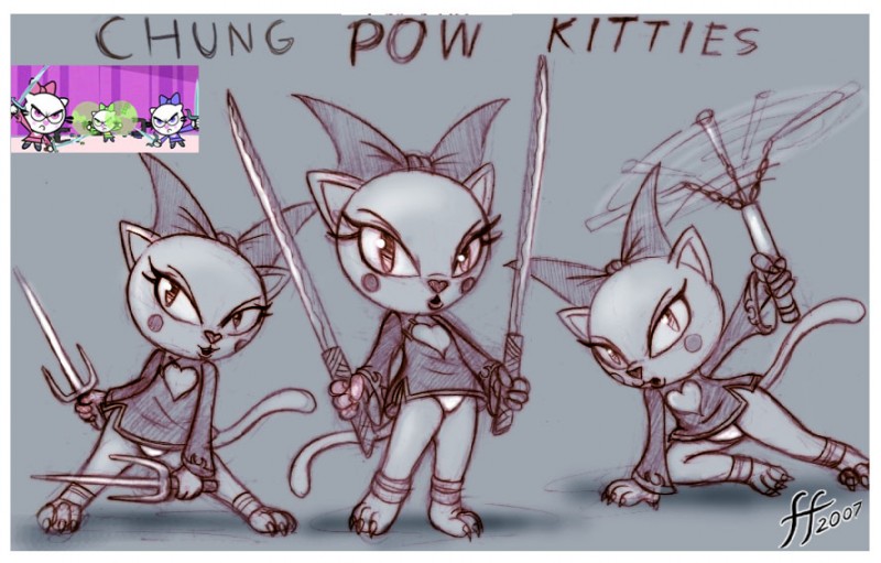 anthro border bottomless claws clothed clothing female group katana melee_weapon nunchaku panties sai_(weapon) sword tail underwear weapon white_border young young_anthro fernando_faria yin_yang_yo! kitty_(yin_yang_yo!) domestic_cat felid feline felis mammal