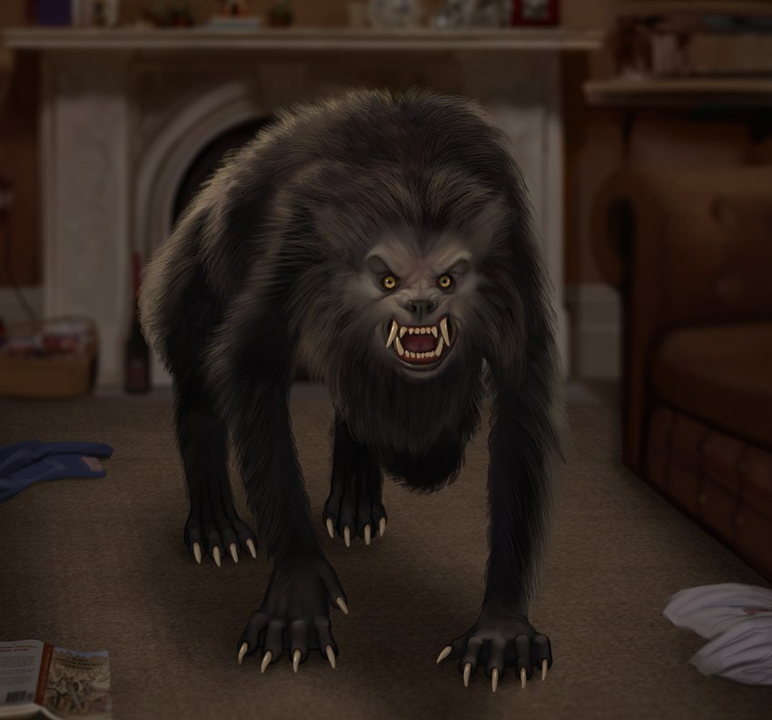 after_transformation all_fours anthro bodily_fluids book canine_ears canine_nose carpet carpet_floor claws clothing discarded_clothing discarded_pants discarded_shirt female fireplace fur fur_growth furniture grey_body grey_fur growth hair hair_growth living_room nude sharp_teeth snout sofa solo species_transformation sweat table teeth transformation yellow_eyes liminalbean an_american_werewolf_in_london mythology canid canine mammal mythological_canine mythological_creature werecanid werecanine werecreature werewolf absurd_res hi_res