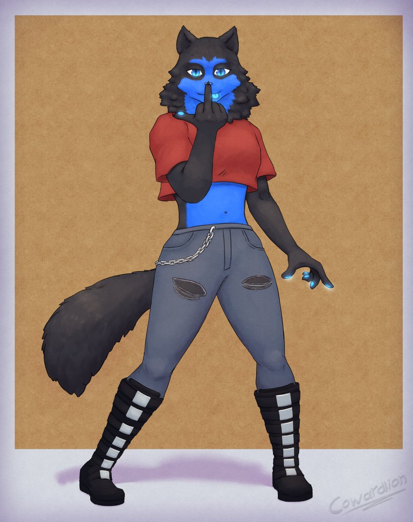 ambiguous_gender blue_body blue_fur boots bottomwear chain clothing crop_top denim denim_bottomwear denim_clothing footwear fur gesture glowing glowing_pawpads glowing_tongue hand_gesture jeans middle_finger multicolored_body multicolored_fur pants pawpads shirt shoes solo tongue topwear two_tone_body two_tone_fur cowardlion domestic_cat felid feline felis mammal norwegian_forest_cat hi_res nonbinary_(lore)