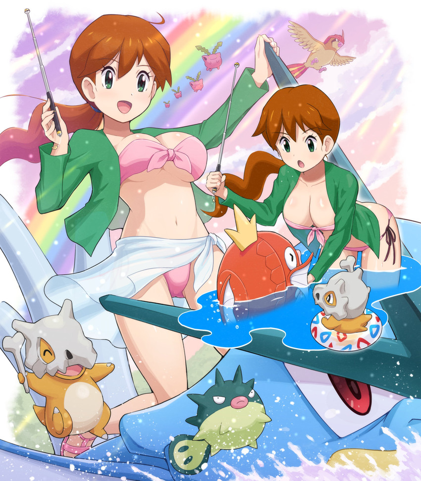 bikini blue_body brown_body brown_hair clothing female feral footwear green_eyes group hair human_focus inflatable inner_tube jacket pink_body pink_skin pointer ponytail rainbow red_eyes sandals semi-anthro shoes swimwear togepi_pattern topwear trio two-piece_swimsuit water pokemoa nintendo pokemon pokemon_stadium teacher_(pokemon) avian bird cubone fish generation_1_pokemon generation_2_pokemon gyarados hoppip human magikarp mammal marine pidgeotto pokemon_(species) qwilfish absurd_res hi_res