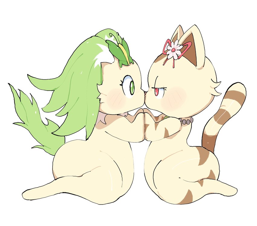 anthro biped blush blush_stickers duo eye_contact female female/female female_anthro glistening glistening_body green_eyes green_hair green_tail hair kemono kissing kneeling looking_at_another neck_tuft red_eyes ribbons semi-anthro simple_background stripes tail thick_thighs tuft white_background yellow_body young young_anthro young_female pixiv_id_46179125 jewelpet sanrio sega sega_fave peridot_(jewelpet) sango_(jewelpet) canid canine canis domestic_cat domestic_dog felid feline felis mammal hi_res