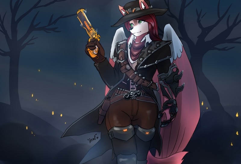 bad_trigger_discipline feathered_wings feathers female green_eyes gun handgun leather ranged_weapon revolver solo standing weapon wings krazyelf blizzard_entertainment overwatch van_helsing cole_cassidy koyu_ruh canid canine fox half-vampire mammal hi_res