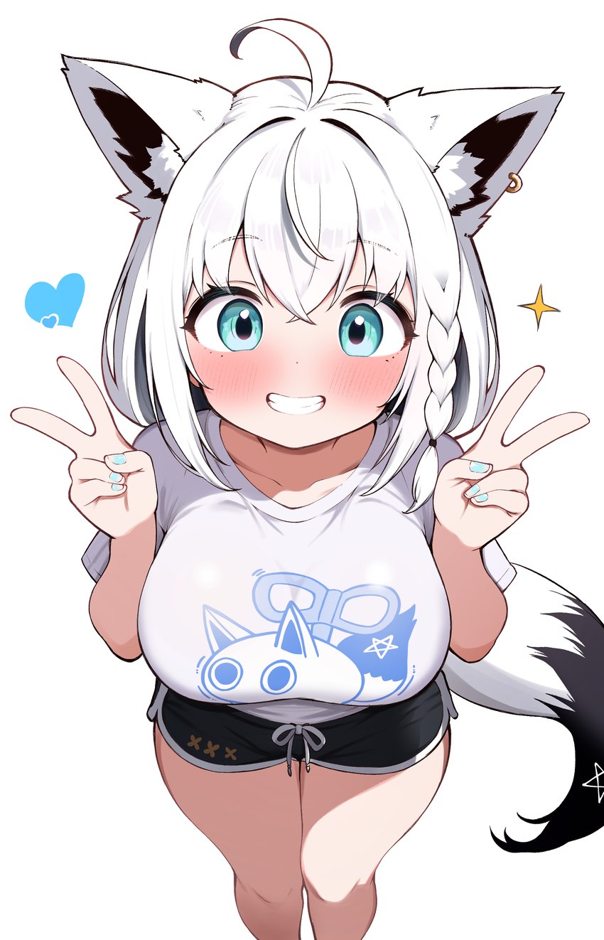 ahoge big_breasts blue_eyes blush blush_lines braided_hair breasts female gesture grinning_at_viewer hair hand_gesture looking_at_viewer markings simple_background solo standing star tail tail_markings teeth thick_thighs v_sign white_hair zazami_d hololive vtuber shirakami_fubuki animal_humanoid canid canid_humanoid canine canine_humanoid fox_humanoid humanoid mammal mammal_humanoid 9:14 absurd_res hi_res