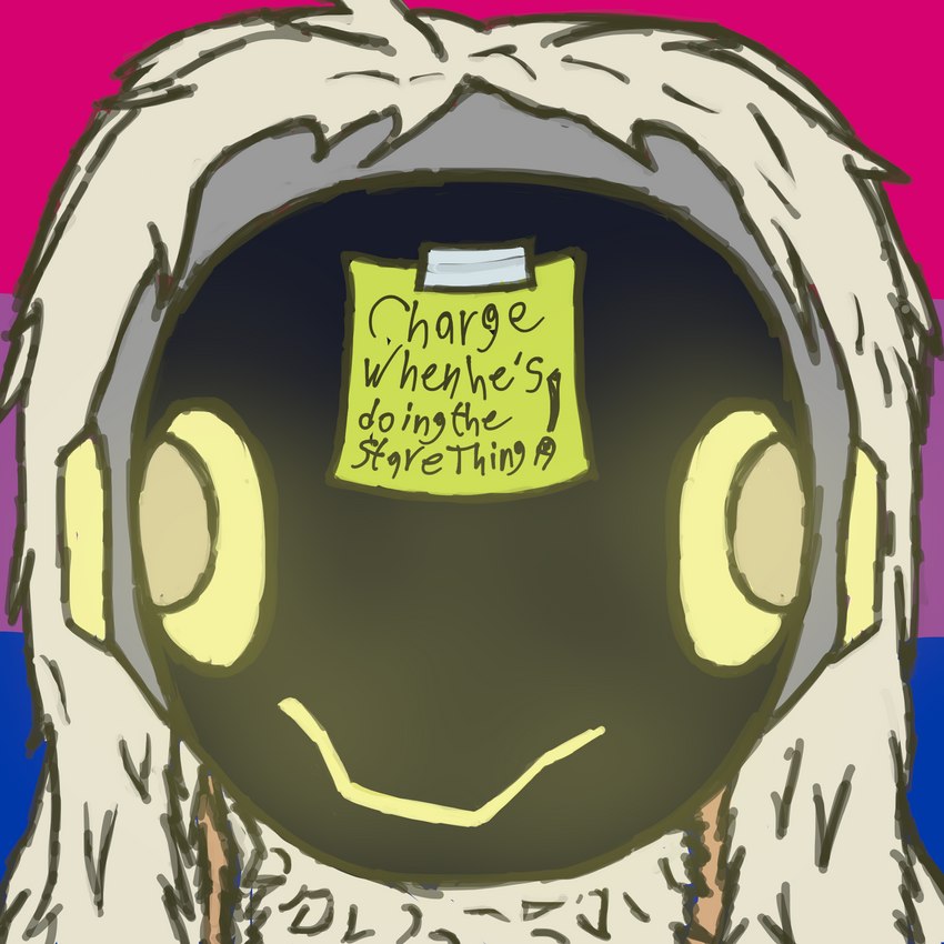 anthro bisexual_pride_colors blank_stare flag glowing glowing_eyes lgbt_pride long_ears machine male post-it_note pride_color_background pride_colors simple_background solo tape text visor lustdevil anime_kubrick_stare humanoid protogen robot robot_humanoid 1:1 hi_res meme