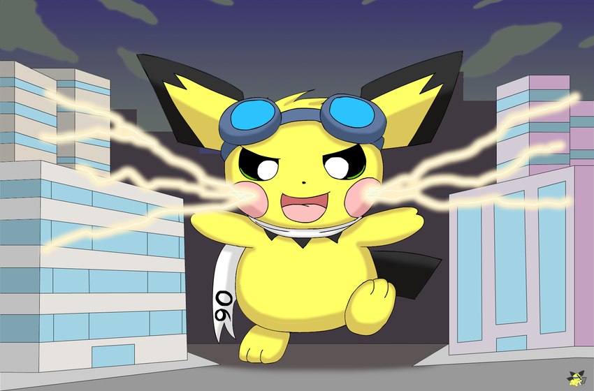 ambiguous_gender city electricity eyewear eyewear_on_head feral fur goggles goggles_on_head logo macro scarf solo white_scarf yellow_body yellow_fur pichu90 nintendo pokemon sparks_pichu generation_2_pokemon pichu pokemon_(species) 2024 artist_logo hi_res