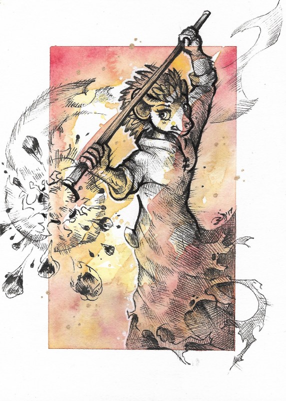 anthro cleric clothed clothing explosion female fully_clothed magic raised_arm robe simple_background solo staff standing spiderdragon ayeph eulipotyphlan hedgehog mammal 2017 cross-hatching hatching_(art) hi_res painting_(artwork) pen_(artwork) shaded traditional_media_(artwork) watercolor_(artwork)