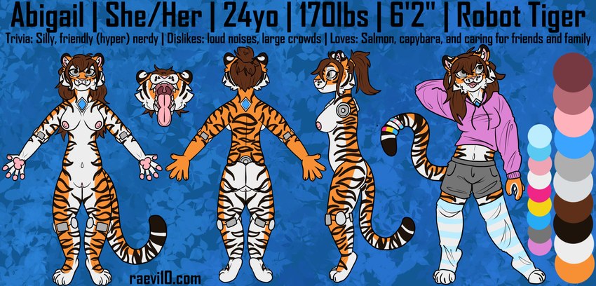 animal_print anthro bottomwear breasts clothing female genitals hoodie legwear machine pussy shorts solo stripes text thigh_highs tiger_print topwear raevi10 felid feline mammal pantherine robot robot_anthro tiger english_text hi_res model_sheet url