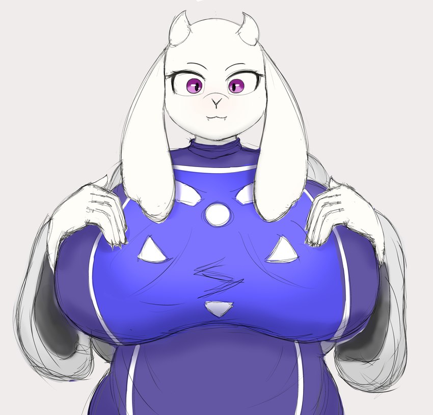 2_horns anthro big_breasts breast_focus breasts clothed clothing delta_rune_(emblem) fangs female floppy_ears front_view hand_on_own_breast horn huge_breasts looking_at_viewer lop_ears purple_eyes robe simple_background slightly_chubby slightly_chubby_anthro slightly_chubby_female solo symbol symbol_on_clothing teeth white_background white_body mrazel undertale undertale_(series) toriel bovid caprine goat mammal 2024 absurd_res half-length_portrait hi_res portrait