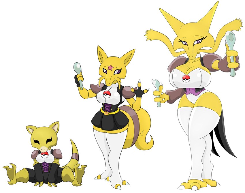 anthro big_breasts bottomwear breasts clothed clothing cutlery eyes_closed female gloves group handwear huge_breasts kitchen_utensils legwear magician purple_eyes shirt shorts simple_background skirt spoon star stockings tail tools topwear trio white_background yellow_body urusee584 nintendo pokemon abra alakazam generation_1_pokemon kadabra pokemon_(species) hi_res