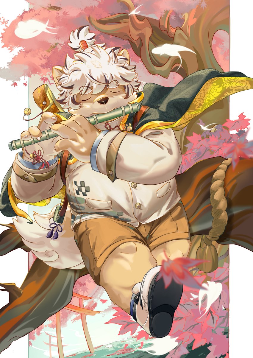 anthro belly bottomwear brown_body brown_fur cape cherry_blossom cherry_blossom_tree cherry_tree clothing flower flute fruit_tree fur hair male musical_instrument plant prunus_(flower) shorts slightly_chubby solo topknot tree white_hair wind_instrument woodwind_instrument young hechaxianzhi lifewonders tokyo_afterschool_summoners masashi_(tas) canid canine canis domestic_dog mammal absurd_res hi_res