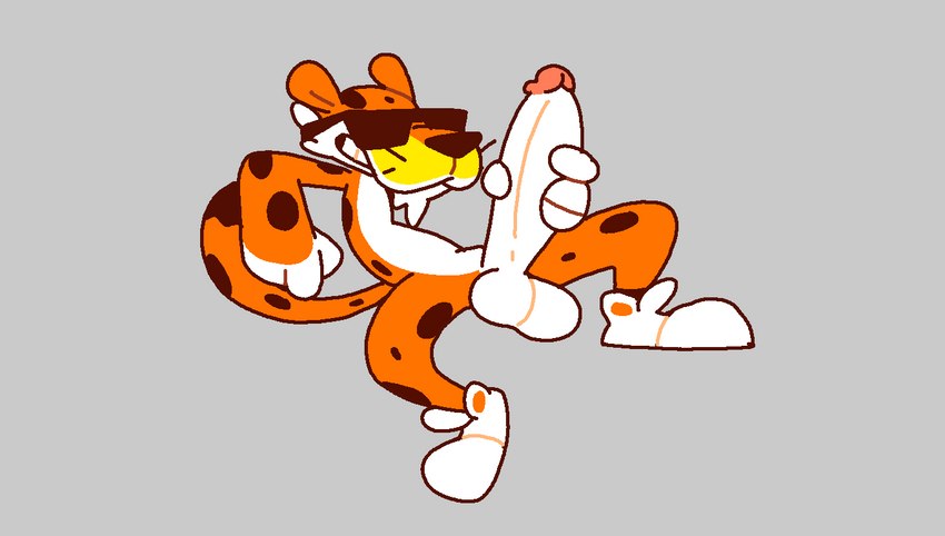 anthro balls big_penis clothing footwear genitals male markings mascot masturbation orange_body penile penile_masturbation penis shoes solo spots spotted_body superiorfox cheetos chester_cheetah cheetah felid feline mammal