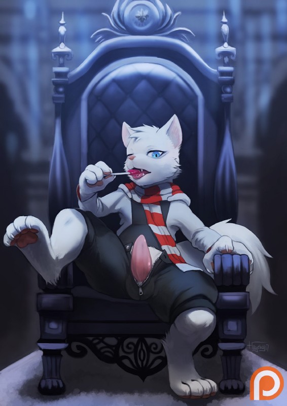 animal_genitalia anthro biped blue_eyes bottomwear bulge candy chair clothed clothing dessert erection food fur furniture genitals lollipop looking_at_viewer low-angle_view male one_eye_closed pants pawpads penis scarf shota sitting solo tapering_penis throne white_body white_fur young zipper haychel domestic_cat felid feline felis mammal hi_res