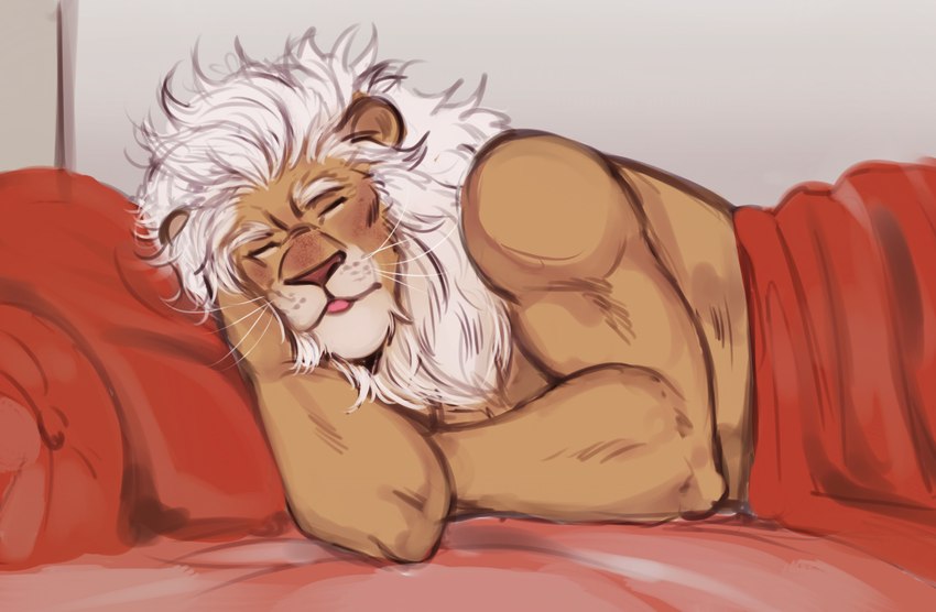 anthro bare_chest bed bed_covers bedding blep eyes_closed fur furniture hand_under_head lying male mane mature_anthro mature_male on_bed on_side sleeping solo tan_body tan_fur tongue tongue_out under_covers whiskers white_mane vhkansfweer illumination_entertainment sing_(movie) clay_calloway_(sing) felid lion mammal pantherine 2022 digital_media_(artwork) hi_res