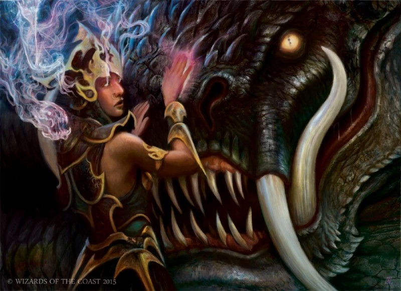 close-up duo fangs feral male mind_control open_mouth rear_view sabertooth_(anatomy) sharp_teeth size_difference smoke teeth zack_stella hasbro magic:_the_gathering mythology wizards_of_the_coast silumgar dragon human mammal mythological_creature mythological_scalie scalie official_art