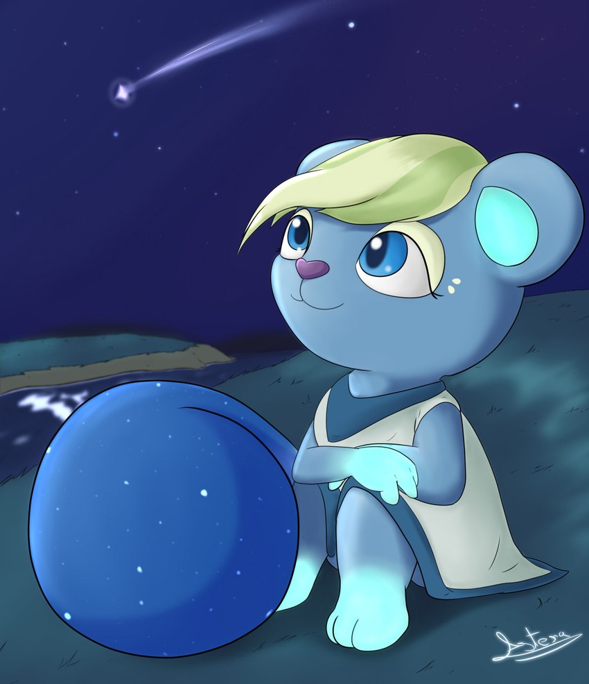 anthro blue_body blue_ears blue_eyes blue_tail clothing cosmic_tail dress female grass green_eyelids green_hair hair looking_up night outside plant purple_nose river sitting sky smile solo star starry_sky tail teal_inner_ear water white_clothing white_dress jollythinker animal_crossing nintendo ione_(animal_crossing) mammal rodent sciurid tree_squirrel 2021 colored digital_media_(artwork) hi_res shaded signature