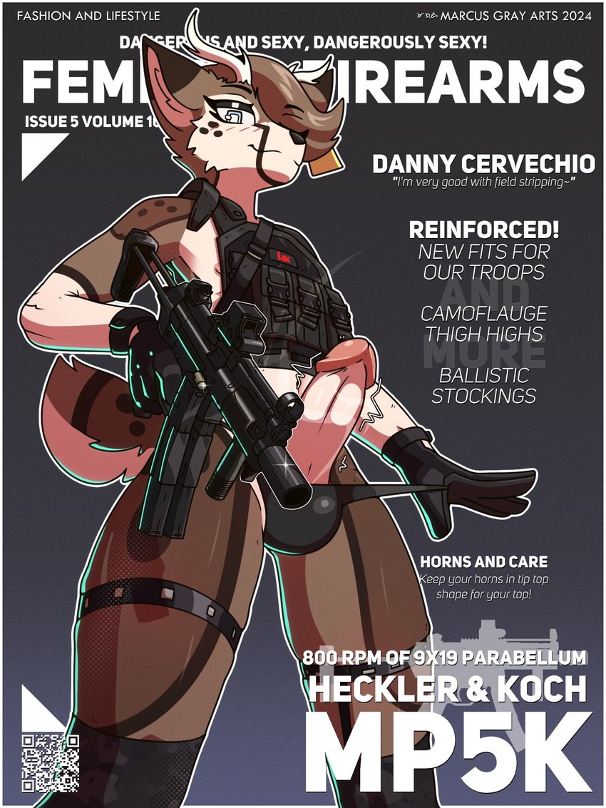 anthro antlers blush blush_lines bulge bulletproof_vest camo camo_print circumcised clothed clothing clothing_pull ear_piercing ear_tag erection femboy fictional_magazine_cover genitals gloves gun hair hair_over_eye handwear horn humanoid_genitalia humanoid_penis legband legwear looking_at_viewer looking_down looking_down_at_viewer low-angle_view male mostly_nude mp5 mp5k navel nipples one_eye_obstructed penis penis_poking_out piercing plate_carrier ranged_weapon scut_tail short_tail skimpy smile smirk solo standing stockings straps submachine_gun tail text thong underwear underwear_pull weapon marcus_gray heckler_and_koch deer mammal 2024 3:4 cover english_text hi_res magazine_cover