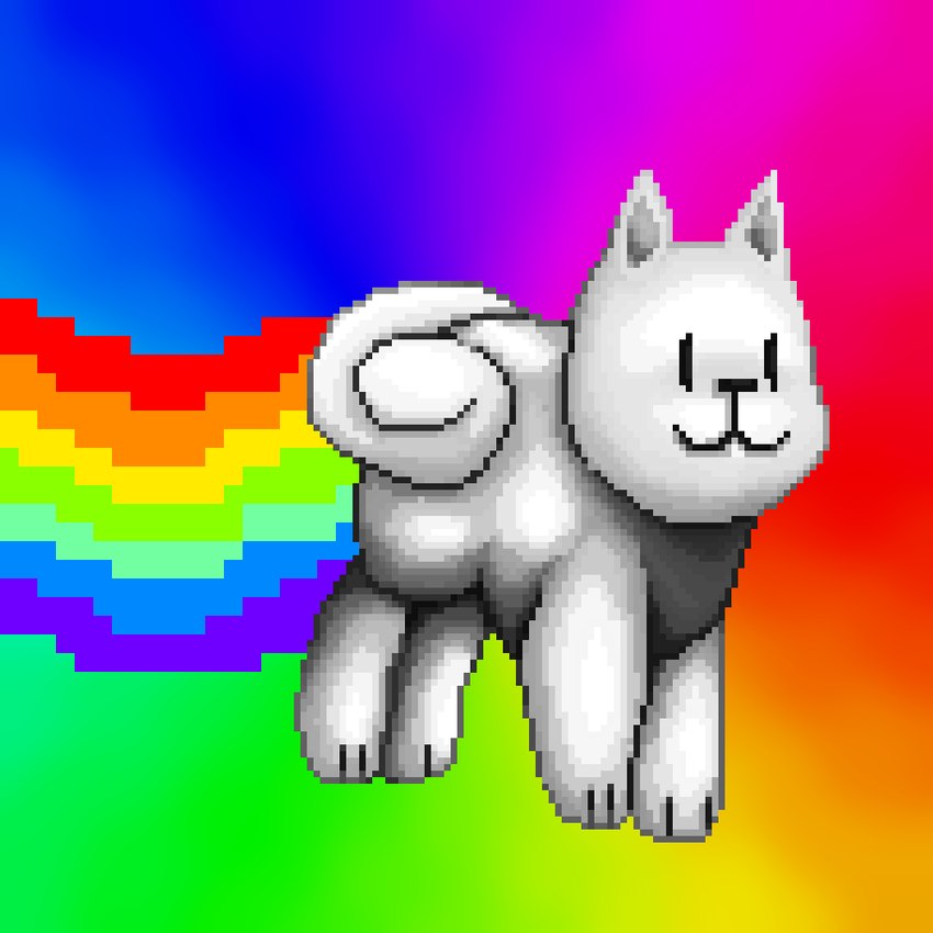 3_toes :3 abstract_background black_eyes black_nose curled_tail feet feral fur pointy_ears prick_ears rainbow rainbow_background rainbow_trail simple_background solo tail toes vertical_bar_eyes white_body white_fur whlelly nyan_cat_(copyright) undertale undertale_(series) annoying_dog_(undertale) 1:1 digital_media_(artwork) full-length_portrait pixel_(artwork) portrait shaded soft_shading