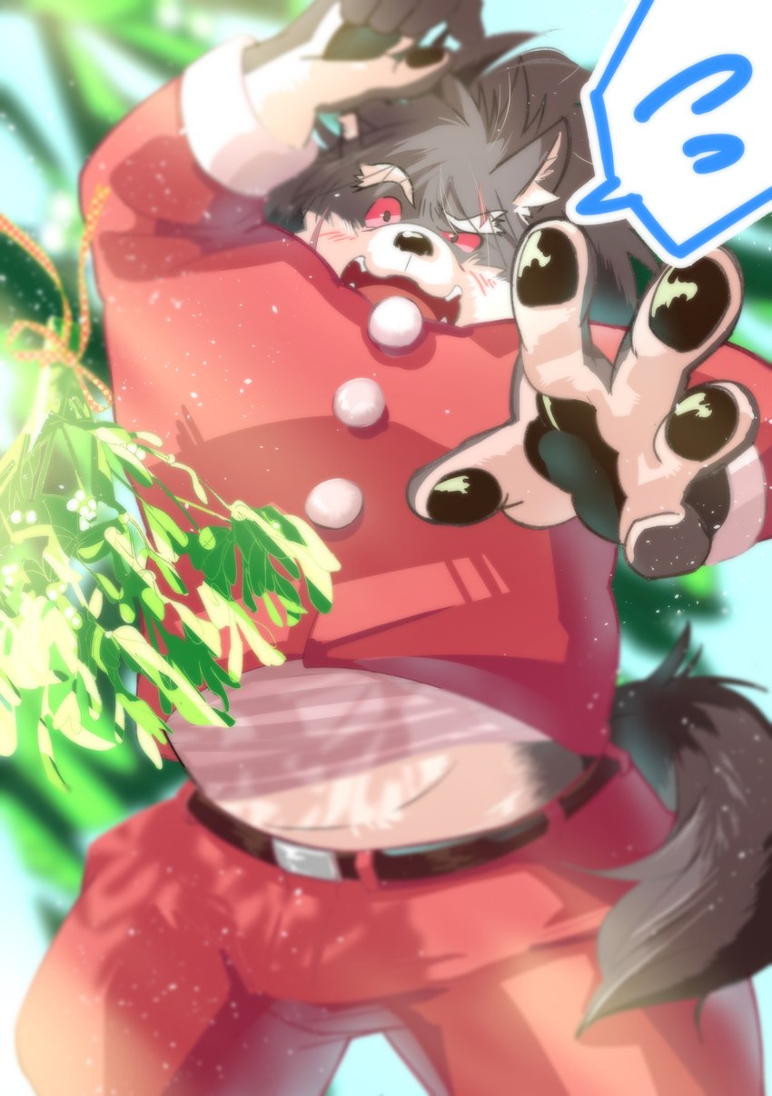 anthro belly belt blush christmas_clothing clothing embarrassed holidays male midriff overweight overweight_male pawpads red_clothing red_eyes solo ononokomachiimo christmas lifewonders tokyo_afterschool_summoners shino_(tas) canid canine canis domestic_dog mammal hi_res