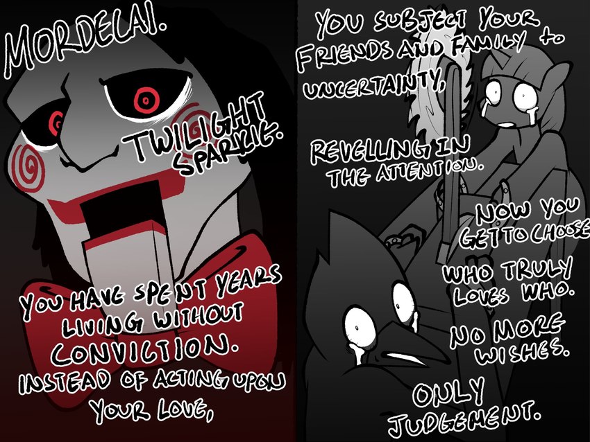 anthro bodily_fluids bow_tie clothing crossover_ship crying dialogue female feral fur group horn horror_(theme) male parody puppet red_eyes saw tears text tools trio bran-draws-things cartoon_network friendship_is_magic hasbro mordetwi my_little_pony mythology regular_show saw_(movie) billy_the_puppet jigsaw_(saw) mordecai_(regular_show) twilight_sparkle_(mlp) avian bird blue_jay corvid equid equine horse jay_(bird) mammal mythological_creature mythological_equine new_world_jay oscine passerine pony unicorn crack_ship 2021 4:3 crossover english_text hi_res meme