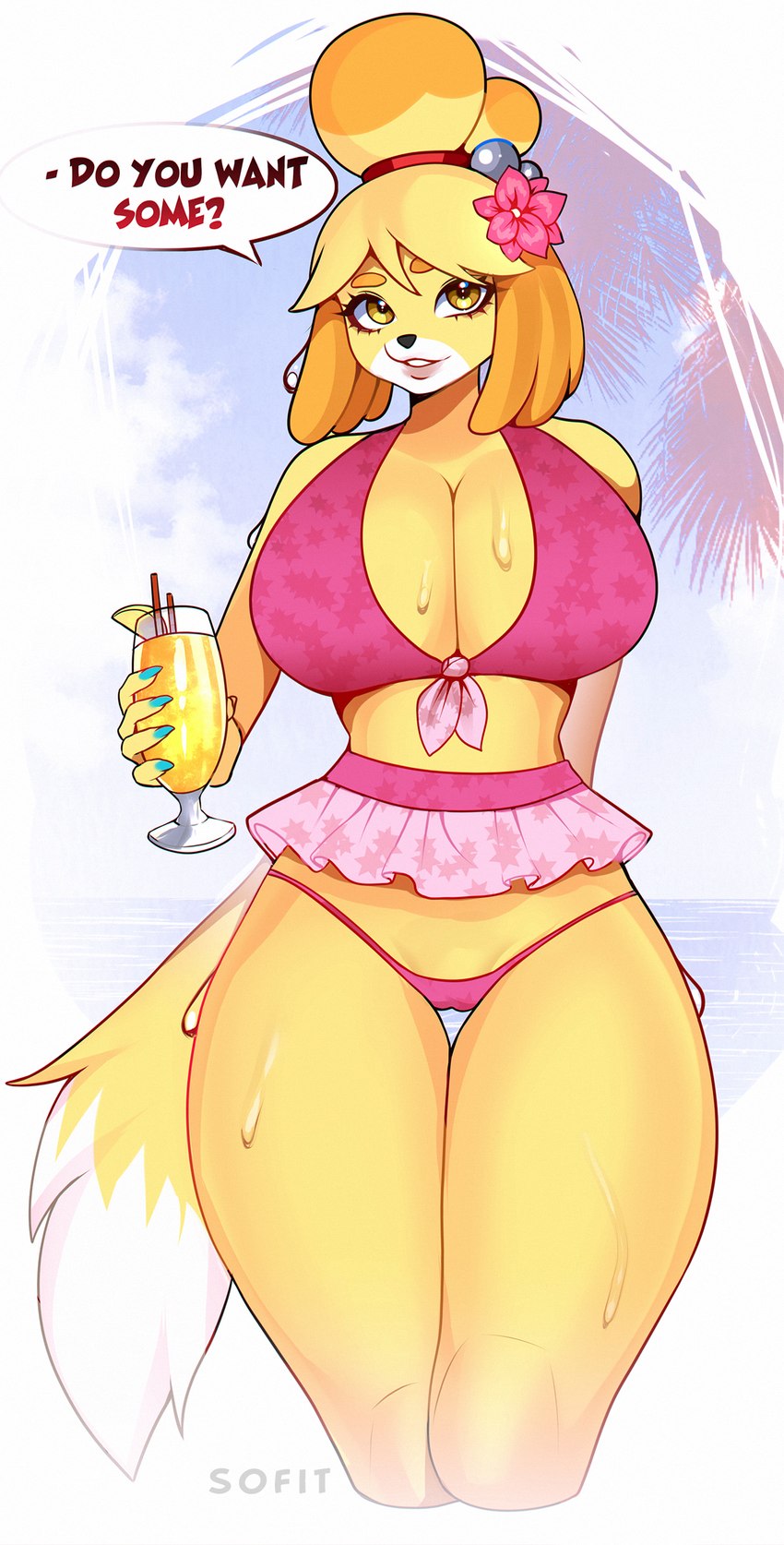 alcohol anthro beach beverage big_breasts breasts clothed clothing clothing_aside cocktail cocktail_glass container cup drinking_glass female flower glass glass_container glass_cup huge_breasts palm_tree plant sea skimpy solo summer swimwear swimwear_aside tree water yellow_body sofit animal_crossing nintendo isabelle_(animal_crossing) canid canine canis domestic_dog mammal hi_res