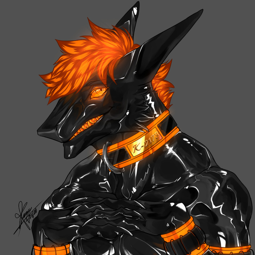 anthro claws glistening glowing grey_background hair latex male orange_eyes orange_hair orange_sclera simple_background smile solo teeth hellomyboi1028 k-2003 k-2173 kirisha living_latex living_toy sergal 1:1 signature