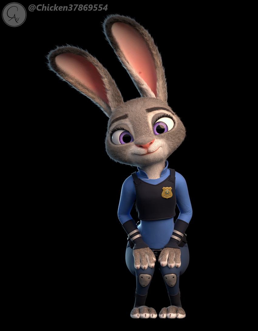 anthro clothed clothing female fur looking_at_viewer multicolored_ears police police_uniform purple_eyes simple_background smile solo toeless_legwear uniform chickenass disney zootopia judy_hopps lagomorph leporid mammal rabbit 3d_(artwork) digital_media_(artwork) hi_res