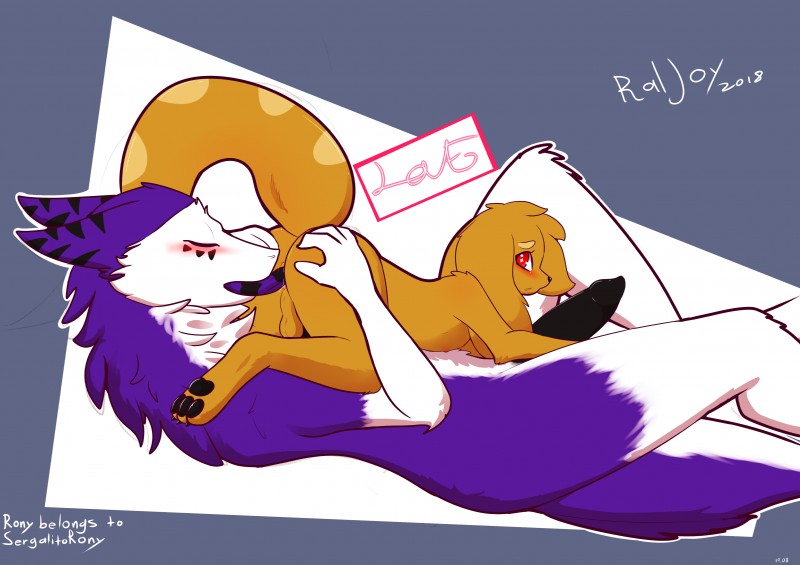 anal anthro anthro_on_anthro backsack balls blush brown_body brown_fur butt claws duo erection eyes_closed femboy fur genitals larger_male long_ears male male/male oral pawpads penis purple_body purple_fur red_eyes rimming sex size_difference size_play smaller_male tail tongue tongue_out raljoy ral rony sergal tojol 2018 absurd_res digital_media_(artwork) hi_res signature