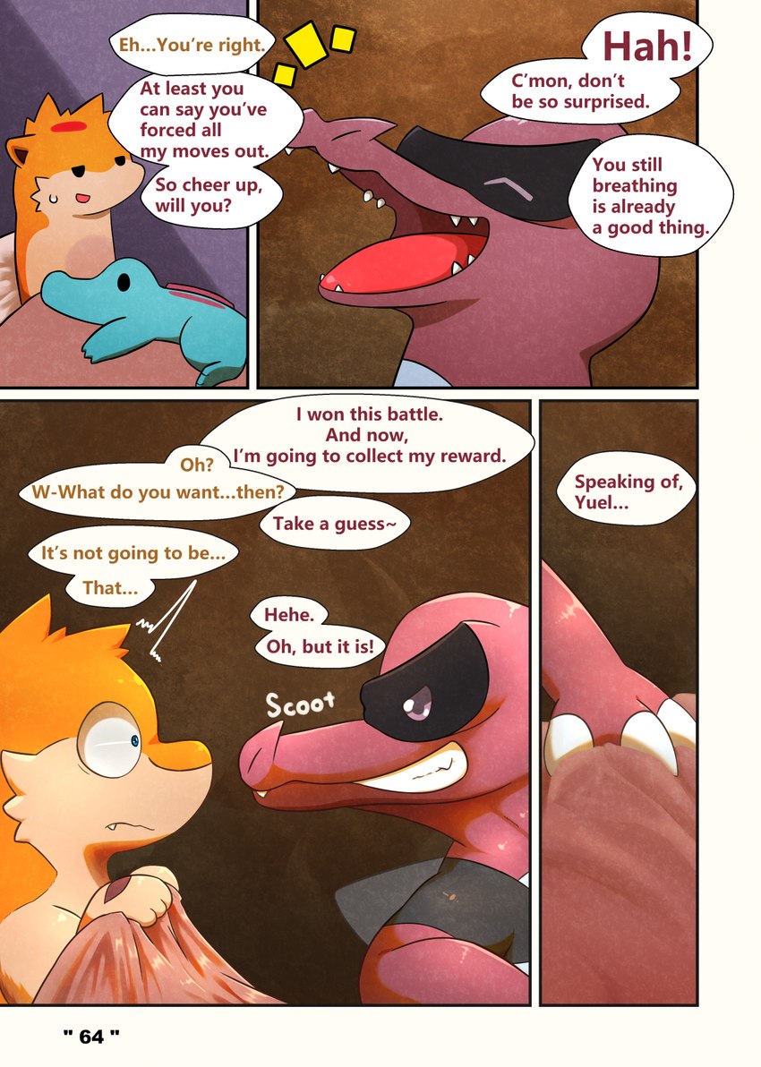 dialogue male speech_bubble text darrow0 nintendo pokemon mo_(darrow) pol_(darrow) yuel generation_2_pokemon generation_5_pokemon krookodile pokemon_(species) quilava totodile comic english_text hi_res right_to_left